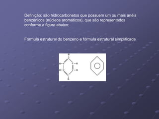 Definição: são hidrocarbonetos que possuem um ou mais anéis
benzênicos (núcleos aromáticos), que são representados
conforme a figura abaixo:
Fórmula estrutural do benzeno e fórmula estrutural simplificada
 