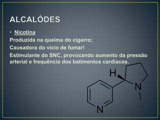 • Nicotina
Produzida na queima do cigarro;
Causadora do vício de fumar!
Estimulante do SNC, provocando aumento da pressão
arterial e frequência dos batimentos cardíacos.
 