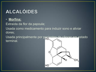 • Morfina:
Extraída da flor da papoula;
Usada como medicamento para induzir sono e aliviar
dores;
Usada principalmente por pacientes de câncer em estado
terminal.
 