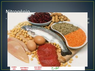 • Importante na estrutura de compostos orgânicos no
nosso organismo: Aminoácidos, proteínas, enzimas e
hormônios.
 