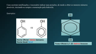 Caso ocorram ramificações, é necessário indicar suas posições, de modo a obter os menores números
possíveis, iniciando-se sempre a numeração pela hidroxila.
Exemplos:
Nome Oficial: hidróxi-benzeno
Nome Usual: fenol
Nome Oficial:1,4 –di- hidróxi-benzeno
OH
OH
 