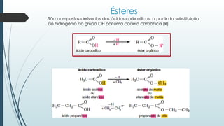 Ésteres
São compostos derivados dos ácidos carboxílicos, a partir da substituição
do hidrogênio do grupo OH por uma cadeia carbônica (R)
 