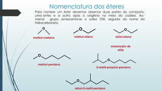 Nomenclatura dos éteres
Para nomear um éster devemos observar duas partes do composto,
uma antes e a outra após o oxigênio no meio da cadeia. Ao
menor grupo acrescenta-se o sufixo ÓXI, seguida do nome do
hidrocarboneto.
metóxi-metano
metanoato de
etila
metóxi-pentano
2-metil-propóxi-pentano
O
metóxi-etano
O
O
O
etóxi-2-metil-pentano
O
O
etóxi-etano
 