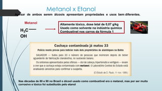 Metanol x Etanol
Apesar de ambos serem álcoois apresentam propriedades e usos bem diferentes.
H3C
OH
Metanol Altamente tóxico, dose letal de 0,07 g/kg
Usado como solvente na indústria química
Combustível nos carros da fórmula 1
Nas décadas de 80 e 90 no Brasil o álcool usado como combustível era o metanol, mas por ser muito
corrosivo e tóxico foi substituído pelo etanol
 