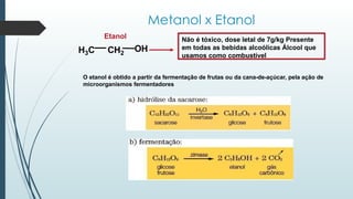 Metanol x Etanol
Etanol Não é tóxico, dose letal de 7g/kg Presente
em todas as bebidas alcoólicas Álcool que
usamos como combustível
O etanol é obtido a partir da fermentação de frutas ou da cana-de-açúcar, pela ação de
microorganismos fermentadores
H3C CH2
OH
 