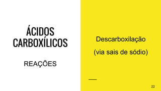 ÁCIDOS
CARBOXÍLICOS
Descarboxilação
(via sais de sódio)
22
REAÇÕES
 
