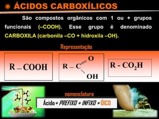 ÁCIDOS CARBOXÍLICOS
São compostos orgânicos com 1 ou + grupos
funcionais (–COOH). Esse grupo é denominado
CARBOXILA (carbonila –CO + hidroxila –OH).
R COOH R C
OH
O
R - CO2H
Ácido+ PREFIXO + INFIXO + ÓICO
nomenclatura
Representação
 
