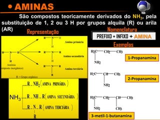 AMINAS
São compostos teoricamente derivados do NH3, pela
substituição de 1, 2 ou 3 H por grupos alquila (R) ou arila
(AR)
PREFIXO + INFIXO + AMINA
Representação Nomenclatura
H
H
HN
N
R
RR
R
R
R NH2
NH
AMINA
AMINA
AMINA
PRIMÁRIA
SECUNDÁRIA
TERCIÁRIA
R = Grupo orgânico
N
H
H H
Amônia
composto inorgânico)
RR
H
N
Amina primária
Amina secundária
N
R
R R
N
H
R H
Amina terciária
NH3
NH2
H2C CH3CH2
CH CH3H2C
NH2
CH2 CHH2C
NH2
CH3
CH3
Exemplos
1-Propanamina
2-Propanamina
3-metil-1-butanamina
 