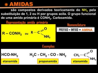 AMIDAS
são compostos derivados teoricamente do NH3 pela
substituição de 1, 2 ou H por grupos acila. O grupo funcional
de uma amida primária é CONH2. Carboamida.
Representação amida primária
Exemplos
Nomenclatura
R – CONH2 ou
PREFIXO + INFIXO + AMINA
HCO-NH2 H3C - CH2 - CO - NH2
etanamida propanamida etanamida
 