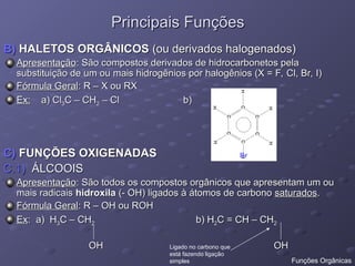 Principais Funções
Principais Funções
B)
B) HALETOS ORGÂNICOS
HALETOS ORGÂNICOS (ou derivados halogenados)
(ou derivados halogenados)
Apresentação
Apresentação: São compostos derivados de hidrocarbonetos pela
: São compostos derivados de hidrocarbonetos pela
substituição de um ou mais hidrogênios por halogênios (X = F, Cl, Br, I)
substituição de um ou mais hidrogênios por halogênios (X = F, Cl, Br, I)
Fórmula Geral
Fórmula Geral: R – X ou RX
: R – X ou RX
Ex:
Ex: a) Cl
a) Cl3
3C – CH
C – CH2
2 – Cl b)
– Cl b)
C)
C) FUNÇÕES OXIGENADAS
FUNÇÕES OXIGENADAS
C.1)
C.1) ÁLCOOIS
ÁLCOOIS
Apresentação
Apresentação: São todos os compostos orgânicos que apresentam um ou
: São todos os compostos orgânicos que apresentam um ou
mais radicais
mais radicais hidroxila
hidroxila (- OH) ligados à átomos de carbono
(- OH) ligados à átomos de carbono saturados
saturados.
.
Fórmula Geral
Fórmula Geral: R – OH ou ROH
: R – OH ou ROH
Ex
Ex: a) H
: a) H3
3C – CH
C – CH2
2 b) H
b) H2
2C = CH – CH
C = CH – CH2
2
OH OH
OH OH
Br
Ligado no carbono que
está fazendo ligação
simples Funções Orgânicas
 