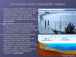 Um alcano muito importante: metano
Um alcano muito importante: metano
O metano é um gás inodoro e incolor. Sua
O metano é um gás inodoro e incolor. Sua
produção na natureza ocorre a partir da
produção na natureza ocorre a partir da
decomposição, na ausência de ar, de
decomposição, na ausência de ar, de
material orgânico, quer de origem
material orgânico, quer de origem
animal, quer de origem vegetal. É um
animal, quer de origem vegetal. É um
dos principais constituintes do chamado
dos principais constituintes do chamado
gás natural
gás natural.
.
O
O gás natural
gás natural é uma fonte de energia
é uma fonte de energia
“limpa”, encontrado em rochas porosas
“limpa”, encontrado em rochas porosas
no subsolo, podendo estar associado
no subsolo, podendo estar associado
ou não ao petróleo. Comparado ao óleo
ou não ao petróleo. Comparado ao óleo
combustível, é 12% mais barato.
combustível, é 12% mais barato.
As reservas brasileiras comprovadas são
As reservas brasileiras comprovadas são
da ordem de 225 bilhões de m
da ordem de 225 bilhões de m3
3
,
,
concentrando-se principalmente nos
concentrando-se principalmente nos
estados do RJ, RN e AM. Para
estados do RJ, RN e AM. Para
complementar a produção nacional, o
complementar a produção nacional, o
gás metano é importado da Bolívia e da
gás metano é importado da Bolívia e da
Argentina. O gás importado da
Argentina. O gás importado da
Argentina chega ao Brasil por hidrovia.
Argentina chega ao Brasil por hidrovia.
No caso da Bolívia, a solução foi
No caso da Bolívia, a solução foi
construir um
construir um gasoduto
gasoduto.
.
Funções Orgânicas
 