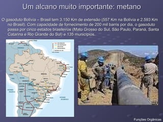 Um alcano muito importante: metano
Um alcano muito importante: metano
O gasoduto Bolívia – Brasil tem 3.150 Km de extensão (557 Km na Bolívia e 2.593 Km
O gasoduto Bolívia – Brasil tem 3.150 Km de extensão (557 Km na Bolívia e 2.593 Km
no Brasil). Com capacidade de fornecimento de 200 mil barris por dia, o gasoduto
no Brasil). Com capacidade de fornecimento de 200 mil barris por dia, o gasoduto
passa por cinco estados brasileiros (Mato Grosso do Sul, São Paulo, Paraná, Santa
passa por cinco estados brasileiros (Mato Grosso do Sul, São Paulo, Paraná, Santa
Catarina e Rio Grande do Sul) e 135 municípios.
Catarina e Rio Grande do Sul) e 135 municípios.
Funções Orgânicas
 