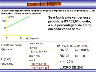 A semi-reta representada no gráfico seguinte expressa o custo de produção C, em
reais, de n quilos de certo produto.
C(reais)
x(quilogramas)0 20
80
180
Se o fabricante vender esse
produto a R$ 102,00 o quilo,
a sua porcentagem de lucro
em cada venda será?
Função do 1º grau:
f(x) = a.x+ b
P1(0,80)
P2(20,180)
80 = a.0 + b
b = 80
180 = a. 20 + 80
20a = 100
a = 5
f(x) = a.x+ b
f(x) = 5.x+ 80
f(1) = 5.1+ 80 ⇒⇒ f(1) = 85f(1) = 85
R$ 85 ⇔ 100%
R$102 ⇔ x
x = 120%
LUCRO DE 20%
 