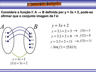 Considere a função f: AConsidere a função f: A →→ B definida por y = 3x + 2, pode-seB definida por y = 3x + 2, pode-se
afirmar que o conjunto imagem de f é:afirmar que o conjunto imagem de f é:
23 += xy
A B 23 += xy
521.3 =+=y1
2
3
5
8
11
15
17
822.3 =+=y
1123.3 =+=y
23)( += xxf
→
→
→
5)1( =f
8)2( =f
11)3( =f
}11,8,5{)Im( =∴ f
 
