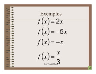 Exemplos
f x   2 x
f  x   5 x
f x    x
         x
         3
f x  
  Profª Aracéli Marins
 