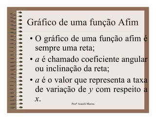 Gráfico de uma função Afim
• O gráfico de uma função afim é
  sempre uma reta;
• a é chamado coeficiente angular
  ou inclinação da reta;
• a é o valor que representa a taxa
  de variação de y com respeito a
            Profª Aracéli Marins
  x.
 