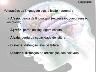 Linguagem Alterações da linguagem sec. a lesão neuronal : -  Afasia : perda da linguagem (expressão, compreensão  ou global) -  Agrafia : perda da linguagem escrita -  Alexia : perda da capacidade de leitura -  Dislexia : disfunção leve de leitura -  Disartria : disfunção da articulação das palavras 