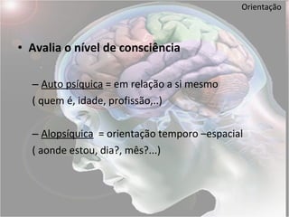 Orientação Avalia o nível de consciência Auto psíquica  = em relação a si mesmo  ( quem é, idade, profissão,..) Alopsíquica   = orientação temporo –espacial ( aonde estou, dia?, mês?...) 