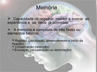 Memória Capacidade de registrar, manter e evocar  as experiência e  os  fatos  já ocorridos. A memória é composta de três fases ou elementos básicos: Registro (percepção, gerenciamento e início da fixação) Conservação (retenção) Evocação (recuperação ou recordação) 