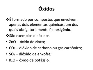 Óxidos É formado por compostos que envolvem apenas dois elementos químicos, um dos quais obrigatoriamente é o  oxigênio . São exemplos de óxidos: ZnO – óxido de zinco; CO 2  – dióxido de carbono ou gás carbônico; SO 2  – dióxido de enxofre; K 2 O – óxido de potássio. 