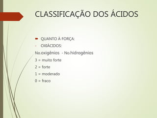 CLASSIFICAÇÃO DOS ÁCIDOS
 QUANTO À FORÇA:
- OXIÁCIDOS:
No.oxigênios - No.hidrogênios
3 = muito forte
2 = forte
1 = moderado
0 = fraco
 