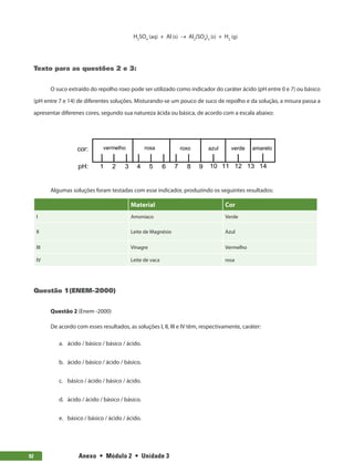 Anexo  •  Módulo 2  •  Unidade 392
H2
SO4
(aq) + Al (s) → Al2
(SO4
)3
(s) + H2
(g)
Texto para as questões 2 e 3:
O suco extraído do repolho roxo pode ser utilizado como indicador do caráter ácido (pH entre 0 e 7) ou básico
(pH entre 7 e 14) de diferentes soluções. Misturando-se um pouco de suco de repolho e da solução, a misura passa a
apresentar diferenes cores, segundo sua natureza ácida ou básica, de acordo com a escala abaixo:
Algumas soluções foram testadas com esse indicador, produzindo os seguintes resultados:
Material Cor
I Amoníaco Verde
II Leite de Magnésio Azul
III Vinagre Vermelho
IV Leite de vaca rosa
Questão 1(ENEM-2000)
Questão 2 (Enem -2000)
De acordo com esses resultados, as soluções I, II, III e IV têm, respectivamente, caráter:
a.	 ácido / básico / básico / ácido.
b.	 ácido / básico / ácido / básico.
c.	 básico / ácido / básico / ácido.
d.	 ácido / ácido / básico / básico.
e.	 	básico / básico / ácido / ácido.
 