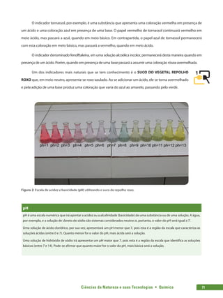 Ciências da Natureza e suas Tecnologias  •  Química 71
O indicador tornassol, por exemplo, é uma substância que apresenta uma coloração vermelha em presença de
um ácido e uma coloração azul em presença de uma base. O papel vermelho de tornassol continuará vermelho em
meio ácido, mas passará a azul, quando em meio básico. Em contrapartida, o papel azul de tornassol permanecerá
com esta coloração em meio básico, mas passará a vermelho, quando em meio ácido.
O indicador denominado fenolftaleína, em uma solução alcoólica incolor, permanecerá desta maneira quando em
presença de um ácido. Porém, quando em presença de uma base passará a assumir uma coloração rósea-avermelhada.
Um dos indicadores mais naturais que se tem conhecimento é o SUCO DO VEGETAL REPOLHO
ROXO que, em meio neutro, apresenta-se roxo-azulado. Ao se adicionar um ácido, ele se torna avermelhado
e pela adição de uma base produz uma coloração que varia do azul ao amarelo, passando pelo verde.
Figura 2: Escala de acidez e basicidade (pH) utilizando o suco de repolho roxo.
pH
pH é uma escala numérica que irá apontar a acidez ou a alcalinidade (basicidade) de uma substância ou de uma solução. A água,
por exemplo, e a solução de cloreto de sódio são sistemas considerados neutros e, portanto, o valor do pH será igual a 7.
Uma solução de ácido clorídrico, por sua vez, apresentará um pH menor que 7, pois esta é a região da escala que caracteriza as
soluções ácidas (entre 0 e 7). Quanto menor for o valor do pH, mais ácida será a solução.
Uma solução de hidróxido de sódio irá apresentar um pH maior que 7, pois esta é a região da escala que identifica as soluções
básicas (entre 7 e 14). Pode-se afirmar que quanto maior for o valor do pH, mais básica será a solução.
 
