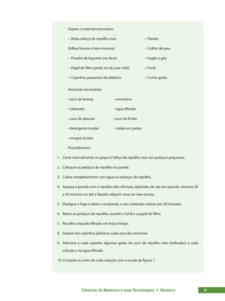 Ciências da Natureza e suas Tecnologias  •  Química 73
Separe o material necessário:
− Meia cabeça de repolho roxo − Panela;
(folhas frescas e bem escuras); − Colher de pau;
− Picador de legumes (ou faca); − Fogão a gás;
− Papel de filtro (pode ser de coar café); − Funil;
− Copinhos pequenos de plástico; − Conta-gotas.
Amostras necessárias:
• suco de laranja • amoníaco
• sabonete • água filtrada
• suco de abacaxi • suco de limão
• detergente incolor • sabão em pedra
• vinagre incolor
Procedimento:
1.	 Corte manualmente ou pique 6 folhas de repolho roxo em pedaços pequenos.
2.	 Coloque os pedaços de repolho na panela.
3.	 Cubra completamente com água os pedaços de repolho.
4.	 Aqueça a panela com o repolho até a fervura, agitando, de vez em quando, durante 20
a 30 minutos ou até o líquido adquirir uma cor roxa escura.
5.	 Desligue o fogo e deixe o recipiente, e seu conteúdo resfriar por 30 minutos.
6.	 Retire os pedaços de repolho, usando o funil e o papel de filtro.
7.	 Recolha o líquido filtrado em frasco limpo.
8.	 Separe nos copinhos plásticos cada uma das amostras.
9.	 Adicione a cada copinho algumas gotas do suco de repolho roxo (indicador) a cada
solução e na água filtrada.
10.	Compare as cores de cada solução com a escala da figura 1.
 