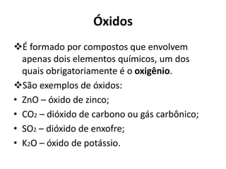 Óxidos
É formado por compostos que envolvem
apenas dois elementos químicos, um dos
quais obrigatoriamente é o oxigênio.
São exemplos de óxidos:
• ZnO – óxido de zinco;
• CO2 – dióxido de carbono ou gás carbônico;
• SO2 – dióxido de enxofre;
• K2O – óxido de potássio.
 