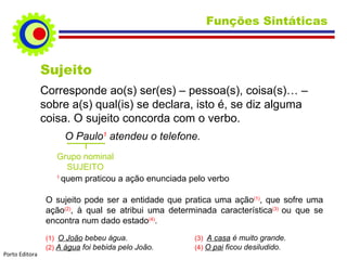Funções Sintáticas  Sujeito Corresponde ao(s) ser(es) – pessoa(s), coisa(s)… – sobre a(s) qual(is) se declara, isto é, se diz alguma coisa. O sujeito concorda com o verbo. O Paulo 1  atendeu o telefone. Grupo nominal SUJEITO 1  quem praticou a ação enunciada pelo verbo O sujeito pode ser a entidade que pratica uma ação (1) , que sofre uma ação (2) , à qual se atribui uma determinada característica (3)  ou que se encontra num dado estado (4) . (1)  O João  bebeu água. (2)  A água  foi bebida pelo João. (3)  A casa  é muito grande. (4)  O pai  ficou desiludido. Porto Editora 