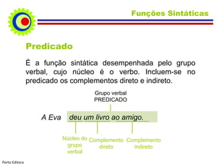 Predicado É a função sintática desempenhada pelo grupo verbal, cujo núcleo é o verbo. Incluem-se no predicado os complementos direto e indireto. A Eva deu um livro ao amigo. Núcleo do grupo verbal Complemento direto Complemento indireto Grupo verbal PREDICADO Funções Sintáticas  Porto Editora 