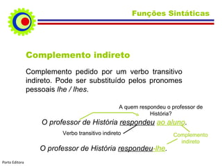 Complemento indireto Complemento pedido por um verbo transitivo indireto. Pode ser substituído pelos pronomes pessoais  lhe / lhes . O professor de História  respondeu   ao aluno . Complemento indireto Verbo transitivo indireto A quem respondeu o professor de História? O professor de História  respondeu -lhe . Funções Sintáticas  Porto Editora 