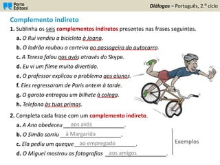 Complemento indireto
1. Sublinha os seis complementos indiretos presentes nas frases seguintes.
a. O Rui vendeu a bicicleta à Joana.
b. O ladrão roubou a carteira ao passageiro do autocarro.
c. A Teresa falou aos avós através do Skype.
d. Eu vi um filme muito divertido.
e. O professor explicou o problema aos alunos.
f. Eles regressaram de Paris ontem à tarde.
g. O garoto entregou um bilhete à colega.
h. Telefona às tuas primas.
2. Completa cada frase com um complemento indireto.
a. A Ana obedeceu ____________________.
b. O Simão sorriu ____________________.
c. Ela pediu um queque ____________________.
d. O Miguel mostrou as fotografias ____________________.
Diálogos – Português, 2.º ciclo
aos avós
à Margarida
ao empregado
aos amigos
Exemplos
_______
________________________
_______
_________
_______
_____________
 