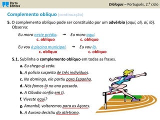 Complemento oblíquo (continuação)
5. O complemento oblíquo pode ser constituído por um advérbio (aqui, ali, aí, lá).
Observa:
Eu moro neste prédio.  Eu moro aqui.
c. oblíquo c. oblíquo
Eu vou à piscina municipal.  Eu vou lá.
c. oblíquo c. oblíquo
5.1. Sublinha o complemento oblíquo em todas as frases.
a. Eu chego aí cedo.
b. A polícia suspeita de três indivíduos.
c. No domingo, ele partiu para Espanha.
d. Nós fomos lá no ano passado.
e. A Cláudia confia em ti.
f. Viveste aqui?
g. Amanhã, voltaremos para os Açores.
h. A Aurora desistiu do atletismo.
Diálogos – Português, 2.º ciclo
_
_______________
____________
_
____
___
_____________
___________
 