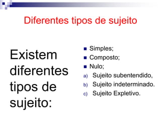 Diferentes tipos de sujeito
Existem
diferentes
tipos de
sujeito:
 Simples;
 Composto;
 Nulo;
a) Sujeito subentendido,
b) Sujeito indeterminado.
c) Sujeito Expletivo.
 