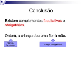Conclusão
Existem complementos facultativos e
obrigatórios.
Ontem, a criança deu uma flor à mãe.
Compl.
facultativo Compl. obrigatórios
 