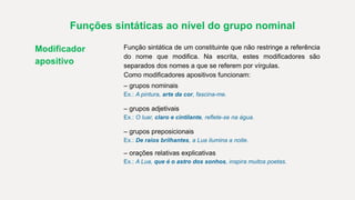 Funções sintáticas ao nível do grupo nominal
Modificador
apositivo
Função sintática de um constituinte que não restringe a referência
do nome que modifica. Na escrita, estes modificadores são
separados dos nomes a que se referem por vírgulas.
Como modificadores apositivos funcionam:
– grupos nominais
Ex.: A pintura, arte da cor, fascina-me.
– grupos adjetivais
Ex.: O luar, claro e cintilante, reflete-se na água.
– grupos preposicionais
Ex.: De raios brilhantes, a Lua ilumina a noite.
– orações relativas explicativas
Ex.: A Lua, que é o astro dos sonhos, inspira muitos poetas.
 