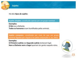 Sujeito
Há dois tipos de sujeito:
Sujeito simples: constituído apenas por um grupo nominal.
Exemplos:
O Rei era o Elefante.
Todos os humanos eram humilhados pelos animais.
Sujeito composto: constituído por mais do que um grupo
nominal (ligados por vírgula e/ou pelas conjunções e, ou, nem).
Exemplos:
O Primeiro Ladrão e o Segundo Ladrão tentaram fugir.
Nem o Elefante nem o Sagui queriam ter gente naquele reino.
 