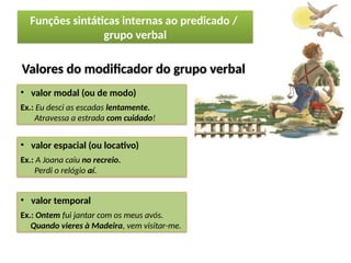 Porto Editora
Valores do modificador do grupo verbal
• valor espacial (ou locativo)
Ex.: A Joana caiu no recreio.
Perdi o relógio aí.
• valor temporal
Ex.: Ontem fui jantar com os meus avós.
Quando vieres à Madeira, vem visitar-me.
• valor modal (ou de modo)
Ex.: Eu desci as escadas lentamente.
Atravessa a estrada com cuidado!
Funções sintáticas internas ao predicado /
grupo verbal
 