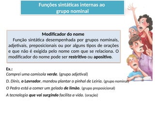 Porto Editora
Modificador do nome
Função sintática desempenhada por grupos nominais,
adjetivais, preposicionais ou por alguns tipos de orações
e que não é exigida pelo nome com que se relaciona. O
modificador do nome pode ser restritivo ou apositivo.
Ex.:
Comprei uma camisola verde. (grupo adjetival)
D. Dinis, o Lavrador, mandou plantar o pinhal de Leiria. (grupo nominal)
O Pedro está a comer um gelado de limão. (grupo preposicional)
A tecnologia que vai surgindo facilita a vida. (oração)
Funções sintáticas internas ao
grupo nominal
 