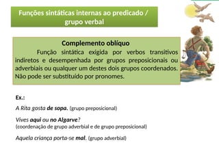 Porto Editora
Complemento oblíquo
Função sintática exigida por verbos transitivos
indiretos e desempenhada por grupos preposicionais ou
adverbiais ou qualquer um destes dois grupos coordenados.
Não pode ser substituído por pronomes.
Ex.:
A Rita gosta de sopa. (grupo preposicional)
Vives aqui ou no Algarve?
(coordenação de grupo adverbial e de grupo preposicional)
Aquela criança porta-se mal. (grupo adverbial)
Funções sintáticas internas ao predicado /
grupo verbal
 