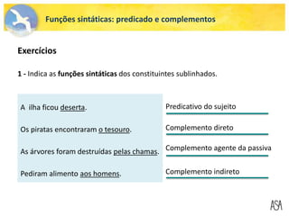 Funções sintáticas: predicado e complementos
Exercícios
1 - Indica as funções sintáticas dos constituintes sublinhados.
A ilha ficou deserta.
Os piratas encontraram o tesouro.
As árvores foram destruídas pelas chamas.
Pediram alimento aos homens.
Predicativo do sujeito
Complemento direto
Complemento agente da passiva
Complemento indireto
 