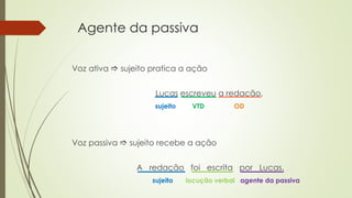 Agente da passiva
Voz ativa  sujeito pratica a ação
Lucas escreveu a redação.
sujeito VTD OD
Voz passiva  sujeito recebe a ação
A redação foi escrita por Lucas.
sujeito locução verbal agente da passiva
 
