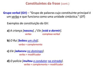 Constituintes da frase (cont.)

Grupo verbal (GV) – “Grupo de palavras cujo constituinte principal é
  um verbo e que funciona como uma unidade sintáctica.” (DT)

  Exemplos de constituição do GV:

  a) A criança [nasceu]. / Ele [está a dormir].
                 verbo            complexo verbal

  b) O Rui [bebeu um chá].
            verbo + complemento

  c) Ele [adoeceu no domingo].
            verbo + modificador

  d) O polícia [multou o condutor na estrada].
                verbo + complemento + modificador
 