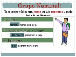 Tem como núcleo um nome ou um pronome e pode
              ter várias formas:


  • Ronaldo marcou um golo.



   • Os rapazes ganharam o jogo.



   • Eles jogaram muito bem.
 