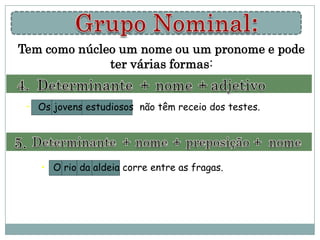 Tem como núcleo um nome ou um pronome e pode
              ter várias formas:


 • Os jovens estudiosos não têm receio dos testes.




    • O rio da aldeia corre entre as fragas.
 