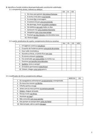 2
2. Identifica a função sintática desempenhada pelo constituinte sublinhado:
2.1.complemento direto, indireto ou oblíquo.
CD CI CO
1. Os meus pais gostam de música francesa.
2. A minha irmã adora essa banda.
3. Eu envio-lhe a mensagem.
4. O carteiro trouxe uma encomenda.
5. No domingo, foram ao jardim zoológico.
6. Ele telefona aos avós todos os dias.
7. Contaram-me uma anedota hilariante.
8. Simpatizei com a tua nova amiga.
9. Prometi ao meu bisneto uma bicicleta nova.
10. Porta-te bem!
2.2.sujeito, predicativo do sujeito, complemento direto ou vocativo.
SUJ PS CD VOC
1. O Fulgêncio continua estudioso.
2. O quarto do Frederico parece uma gruta de piratas.
3. Esse ruído incomoda-o.
4. Durante as férias, o Camilo ficou em casa.
5. Os alunos estavam contentes.
6. Foi construído um novo prédio na minha rua.
7. Ouvimos um barulho ensurdecedor.
8. Quitério, toma o xarope!
9. O mistério permanecia indecifrável.
10. Ontem, chegou uma carta para ti.
2.3. modificador do GV ou complemento oblíquo:
MOD GV CO
1. Os navegadores enfrentaram corajosamente a tempestade.
2. Os meus tios moram no Minho.
3. O Rufus portou-se mal.
4. Jantei com os meus primos na semana passada.
5. Ontem, cheguei atrasado.
6. Pensas muito nas férias.
7. Assististe ao jogo?
8. Não concordo com essa opinião.
9. Eles portam-se sempre bem antes do Natal.
10. Aterrorizado, abriu a porta devagar.
 