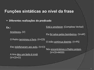 Funções sintáticas ao nível da frase

• Diferentes realizações do predicado

Ex.:                                   Está a anoitecer. (Complexo Verbal)
   Anoiteceu. (V)
                                       Ela foi salva pelos bombeiros. (V+AP)
   O Pedro terminou o livro. (V+CD)
                                       O João continua doente. (V+PS)
   Eles telefonaram aos avós. (V+CI)
                                       Nós encontrámos o Pedro ontem.
                                          (V+CD+MOD)
   A Ana deu um bolo à irmã.
   (V+CD+CI)



                                                                               15
 