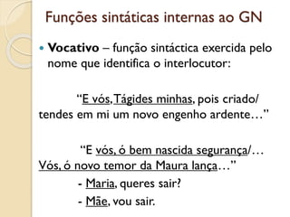 Funções sintáticas internas ao GN
 Vocativo – função sintáctica exercida pelo
nome que identifica o interlocutor:
a. “E vós,Tágides minhas, pois criado/
tendes em mi um novo engenho ardente…”
b. “E vós, ó bem nascida segurança/…
Vós, ó novo temor da Maura lança…”
c. - Maria, queres sair?
d. - Mãe, vou sair.
 