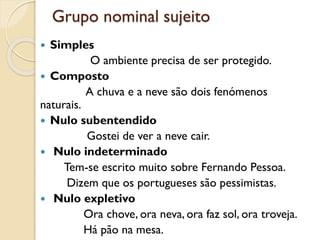 Grupo nominal sujeito
 Simples
O ambiente precisa de ser protegido.
 Composto
A chuva e a neve são dois fenómenos
naturais.
 Nulo subentendido
Gostei de ver a neve cair.
 Nulo indeterminado
Tem-se escrito muito sobre Fernando Pessoa.
Dizem que os portugueses são pessimistas.
 Nulo expletivo
Ora chove, ora neva, ora faz sol, ora troveja.
Há pão na mesa.
 